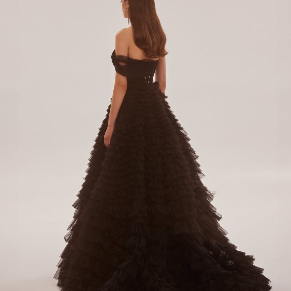 Black Off-Shoulder Ruffled High-Low Maxi Dress - Picture 3 of 7